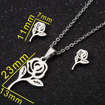 China CLASSIC Stainless Steel Jewelry Set Stainless Steel Pendant Rose Stud Earrings Necklace Valentine's Day Cavity Set for sale