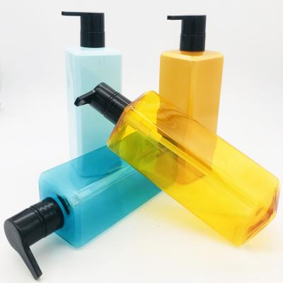 China 300ml 500ml 750ml High Quality Cosmetic Color PET Plastic Candy Bottle Packaging Square Shampoo Bottle With Pump for sale