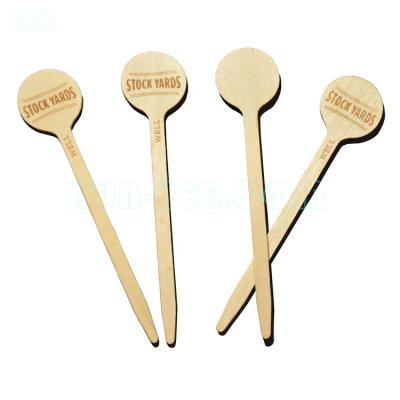 China Viable 4 Inch 102mm Birch Wood Round Head Disposable Coffee Agitator With Burnt Logo for sale