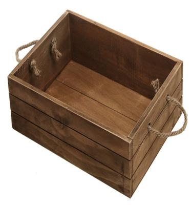 China Rustic Europe Brown Color Wooden Storage Crate, Open Top Bathroom Crate Organizer Bin with Rope Handles for sale