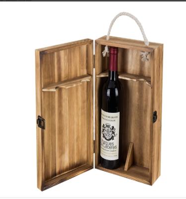 China Double Bottle Wine Crate Handmade Top Handle Hinged Lid Carrier for sale