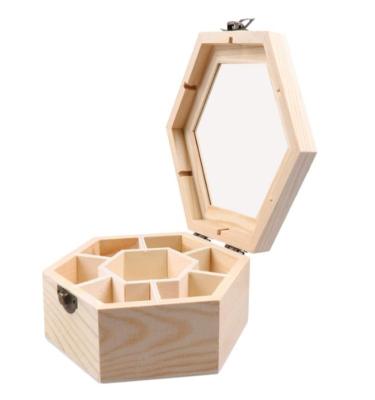 China Europe Jewelry Box DIY Hexagon Wooden Trinket Unfinished Storage Box With Clear Top Lid for sale