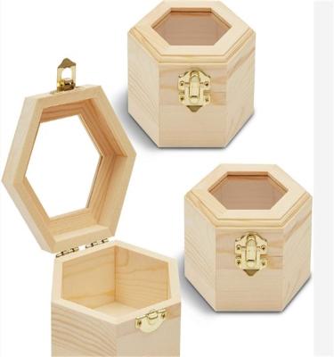 China Europe Unfinished Hexagon Wooden Jewelry Box With Window for sale