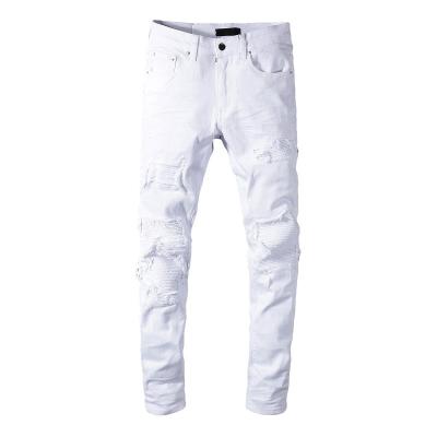 China High Street Fashion Brand Viable White Hole Patch Elastic Slim Fit Pleated Skinny Solid High Quality Mens Jeans Denim Pants for sale