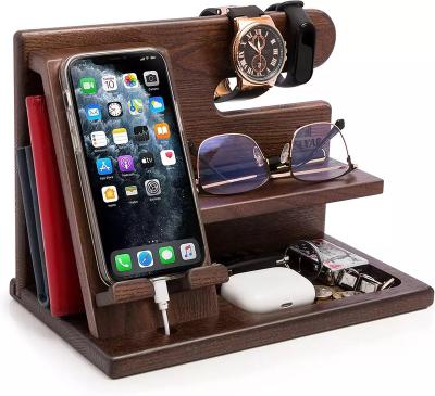 China Adjustable Wood Phone Docking Station Solid Wooden Key Holder Wallet Stand Watch Organizer for sale