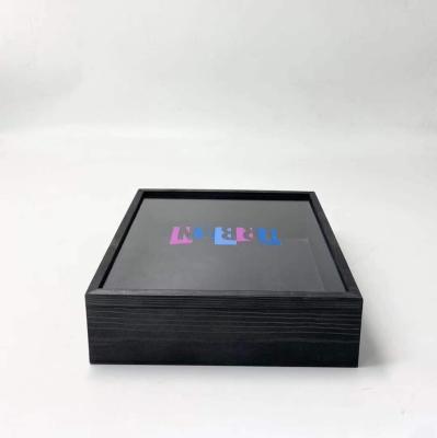 China Handmade Custom Black Pine Wood Gift Packaging Box Wooden Slide Top Box with Clear Acrylic Sliding Lid for sale