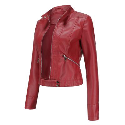 China Spring women's short slim leather jacket 2021 new viable autumn women's leather and collar comic women's leather jacket for sale