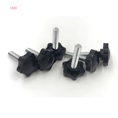 China Easy Install Knurled Plastic Knobs 6 Star Knobs Plated Steel Stud Black Color for sale