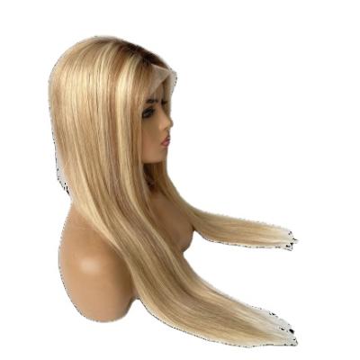 China Middle Part 13*1*4 Straight Lace Front Human Hair Wigs Natural Hair Brown Color Mix Blonde Highlight Long Straight Wigs Factory Price for sale