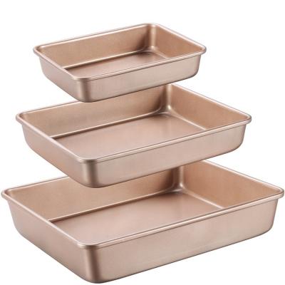 China Hot Selling Viable Deep Oven Bakeware Cake Bake Trays Gold Rectangle Metal Non-Stick Pans for Home Kitchen for sale