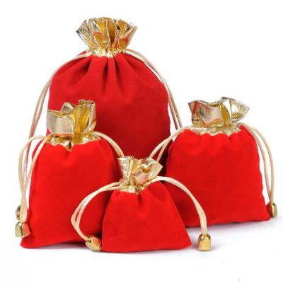 China Stock Wholesale Red Velvet Jewelery Packaging Bag Jewelery Pouch Recyclable Drawstring Beads Tote Bag for sale