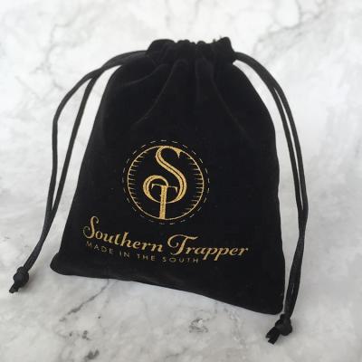 China Recyclable Black Custom Pouch Velvet Jewelry Bag Logo Velvet Drawstring Bags With Gold Logo for sale