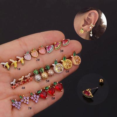 China Trendy Colorful Zircon Studs Earrings Screw Back Stud Ear Jewelry Crystal Apple Orange Pineapple Grape Fruit Piercing Stud Earrings for sale