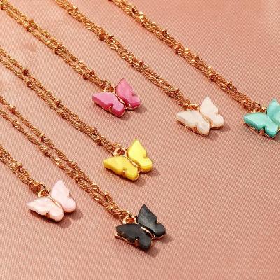 China Trendy Wholesale Gold Plated Beaded Chain Acrylic Butterfly Pendant Necklace for sale