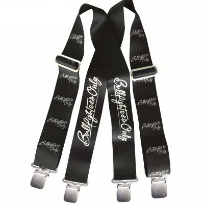 China Custom Brand X-back Printed Logo Mens Suspenders 2 Inch X-Back Work Heavy Duty Adjustable Suspender With Heavy Clips For Hunting for sale