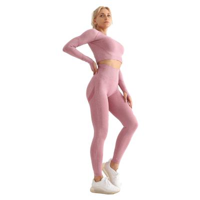 China JUNXI Women's Breathable 2 Piece Workout Sets Long Sleeve Seamless Tracksuit High Waist Leggings for sale