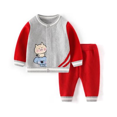 China Anti-shrink knitting pattern children's cartoon sweater autumn and winter collision color two-piece sweater pants children's clothing for sale