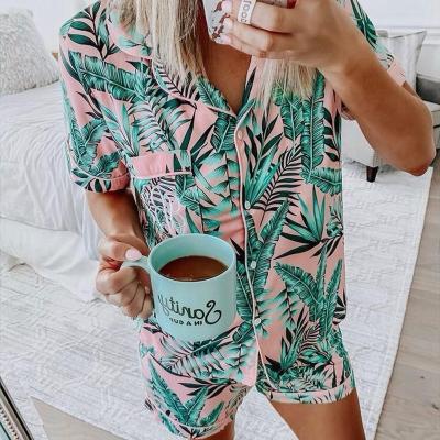 China New Style Women Girls High Quality Cotton QUICK DRY Plus Size Monogram Palm Print Pajamas Shorts Set for sale