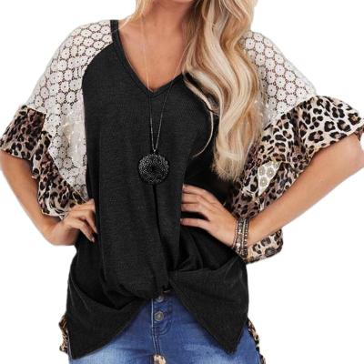 China QUICK DRY Women's Leopard Lace Raglan Sleeve T-shirt Lace Ruffle Sleeve Leopard Twisted Irregular Top for sale