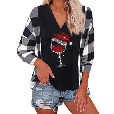 China Breathable Women's Long Sleeve Novelty Graphic Shirt Christmas Wine Print Tops Plaid Glass Raglan Santa Hat Pullover Wine for sale