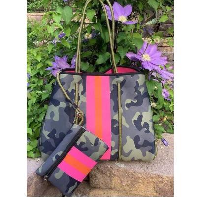 China Wholesale Beach Bag Removable Pocket Leopard Prints Camouflage Green Orange Stripe Neoprene Tote Bag 23