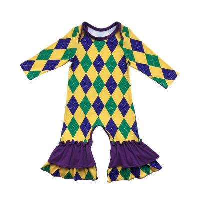 China Cozy Baby Clothes Monogrammed Toddler Long Sleeve Mardi Gras Stripe Ruffle Romper Baby Romper Kids Mardi Gras One Piece Outfit for sale