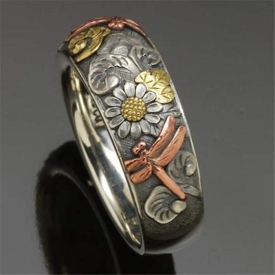 China Jocestyle Punk Cut Out Boho Finger Jewelry Detailed Nature Ring Vintage Flower Dragonfly Ring Scene for sale