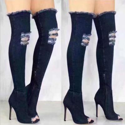 China Zipper-Up Distressed Women High Heels Blue Denim Over The Knee Boots Peep Toe Thigh High Denim Boots for sale