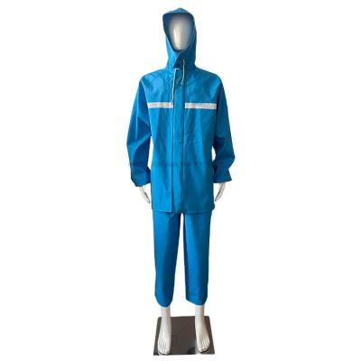 China 100% Waterproof Fashion Waterproof Rainwear With Bib Pants Reflective Strip PVC Blue Polyester Rainsuit for sale