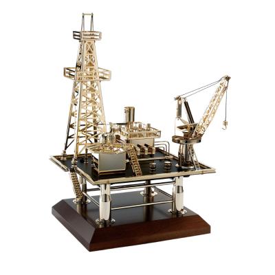 China Antique Imitation 24K Gold Plated Miniature Marine Oil Rig Solid Brass Ocean Drilling Rig with Helicopter and Tower Crane Rotating with Music for sale