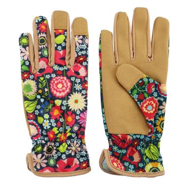 China Garden Work Green Flower Printing Women Garden Work Synthetic Leather Hand Protect Ladies To File Gardening Gloves for sale