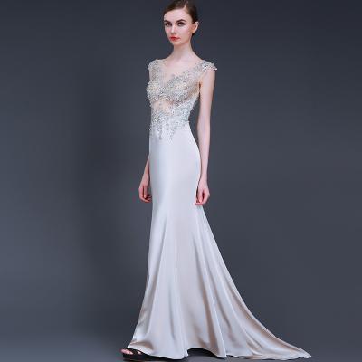 China 2022 Anti-Static Silver Satin Long Evening Dress Backless Tow Taffeta Embroidered for sale