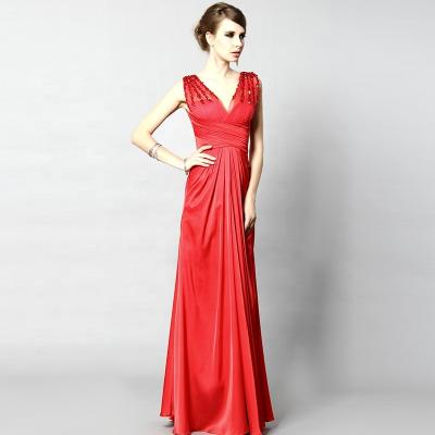 China Red Sexy Formal Beaded Evening Dress Premium V-neck Sleeveless Elegant Ladies Anti-Static Wedding Dress for sale