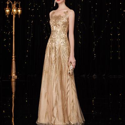 China Wholesale Anti-static Half Sleeve Women Gold Prom Dresses Maxi Party Sequin Evening Formal Dress China for sale