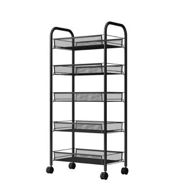 China 5 Layers Sustainable Black Grid Metal With Handle Side Place Trolley Kitchen Storage Rack Mobile Rolling Home Shelve for sale