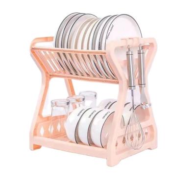 China Plastic Storage Shelf Drainer Kitchen Accessories 2 Row Cup Bowl Viable Organizer Dish Drying Rack With 2 Hooks for sale