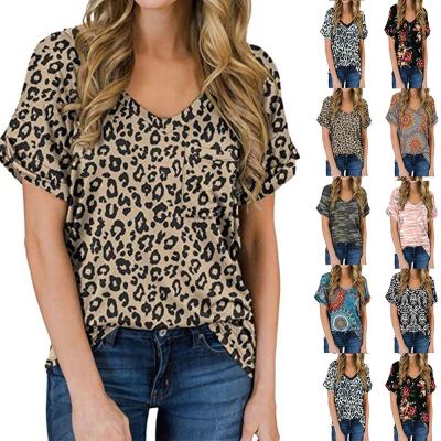 China Others 2021 Spring And Summer V-Neck Pocket Leopard Print T-shirt Curved Top Loose Short-sleeved T-shirt for sale