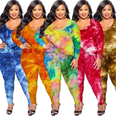 China Latest Breathable Design Fat Women Fall Long Sleeve Tie Dye Pants Clothing Plus Size Two Piece Set for sale