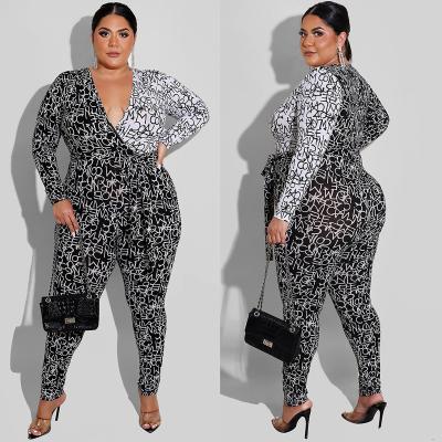 China Yard Viable Newcomer Plus Size Women's Digital Letters V Neck Sexy Long Sleeve Jumpsuit Printed Night Club Romper Women Jumpsuit 2021 for sale