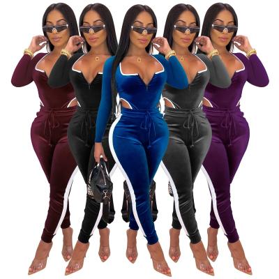 China good quality velor jumpsuit Anti-wrinkle sexy yard spring workout outfits for women 2 pieces hollow out side stripe plus size jumpsuits for sale