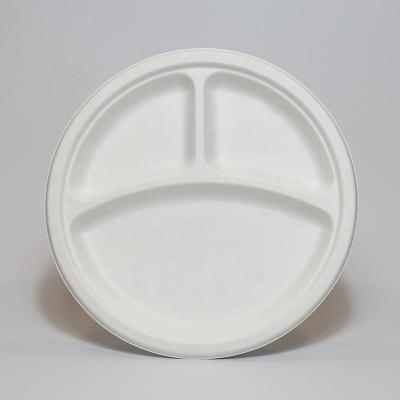 China Eco Friendly Biodegradable Dishes 10inch 3 Compartment Bagasse Round Dish for sale