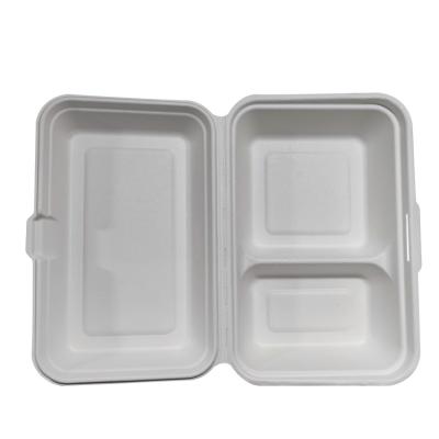 China Minimalist 1000ml 34oz 2-Compartment Bagasse Pulp Compostible Food Container For Restaurant Togo Food Hinged Container Boxes Takeout for sale