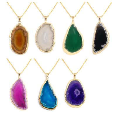 China China Wholesale Colorful Agate Slice Pendant With Gold Edge Necklace Gemstone Pendant Healing Stones For Girl for sale