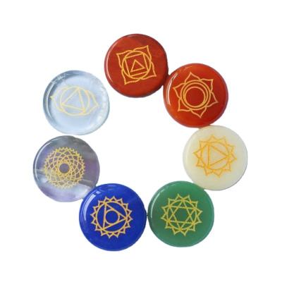 China China 7 Chakra Engraved Seven Gemstone Polished Reiki Healing Crystal Chakra Symbols Tumbled Stone Set for sale