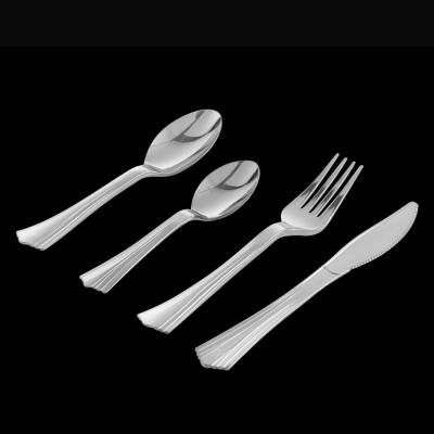 China Disposable High End Silver Plastic Spoon Knife Fork Cutlery Set Luxury Disposable Tableware Set Wholesale Spoon Knife Set for sale