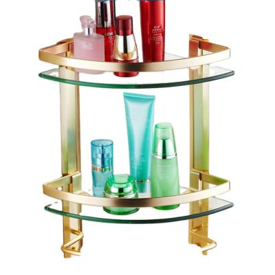 China GL1202G Modern Aluminum 2 Tier Bathroom Glass Corner Shelves Gold Plated for sale