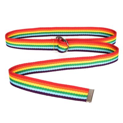 China Hot sale fashion rainbow webbing nylon belt with double ring buckle for sale