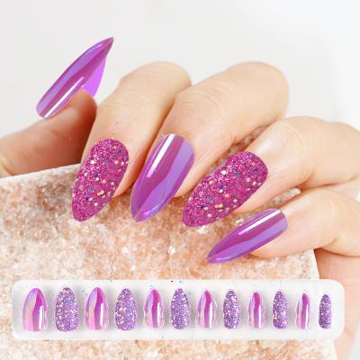 China Almond Glue On False Nail Tips INAILBEAUTY 24 Pcs Press On False Nails Glitter Medium Nails Almond Colored Glue On False Nail Tips for sale