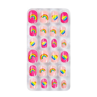 China Easy Apply Toy Nail For Kids 24pcs Kids Nails Colorful Rainbow Heart Toy Nail Art Kit Glue Cute Kids False Nails For Party for sale