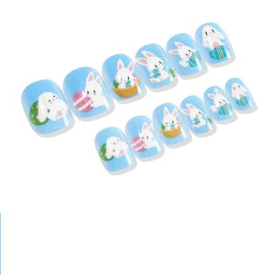 China Easy Apply Kids Fake Nails Tip 24Pieces Kids False Nails Blue Rabbit Press On Nail Tip Cover Short Artificial Nail For Kids Nail Art for sale